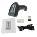 Black wireless handheld barcode scanner with USB cable for retail and warehouse use
