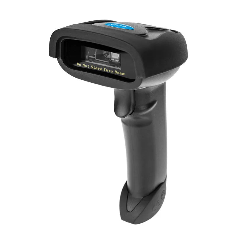 Black wireless handheld barcode scanner with USB cable for retail and warehouse use