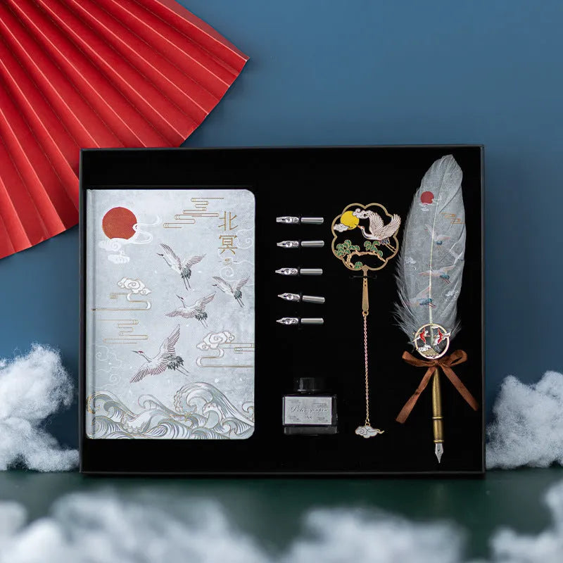 Chinese style feather pen set showing metal nib sheaths, coloured feather pens, and Jianhegui notebook