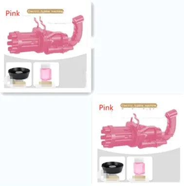 Kids bubble machine gun toy in pink gold black colours with battery compartment and bubble attachment