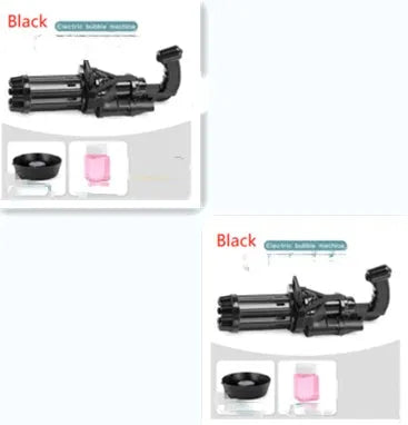 Kids bubble machine gun toy in pink gold black colours with battery compartment and bubble attachment