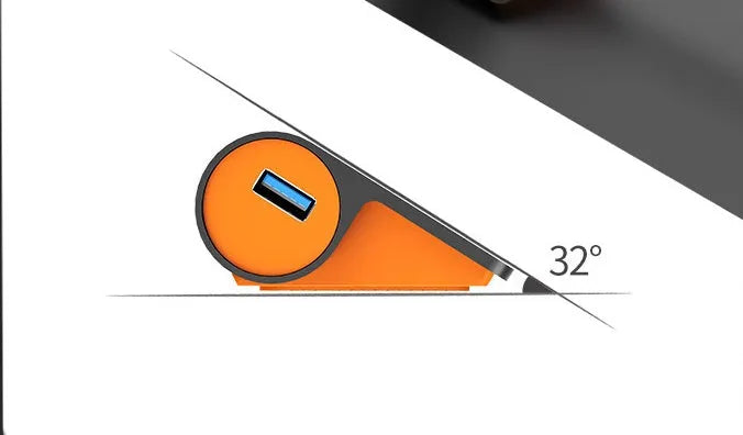 Dark grey and orange aluminium USB-C laptop docking station with four USB 3.1 ports and a separate data cable.