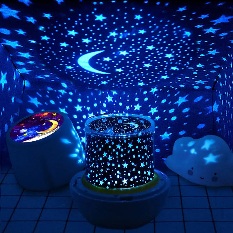 Pruixin rotating projector night light showing star pattern projection on a bedroom wall