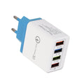 Four-port USB mobile phone charger with luminous indicator lights showing EU and UK plug options