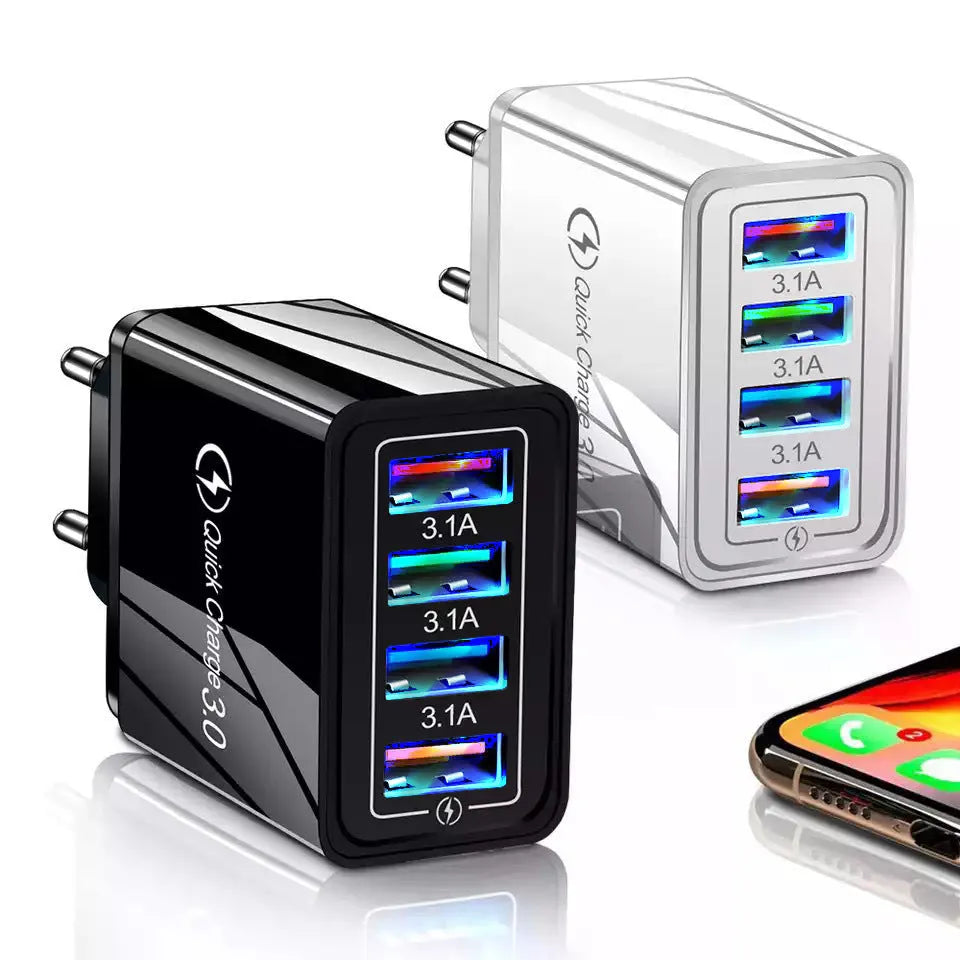 Four-port USB mobile phone charger with luminous indicator lights showing EU and UK plug options