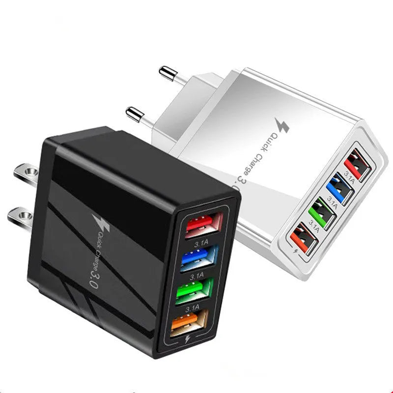 Four-port USB mobile phone charger with luminous indicator lights showing EU and UK plug options