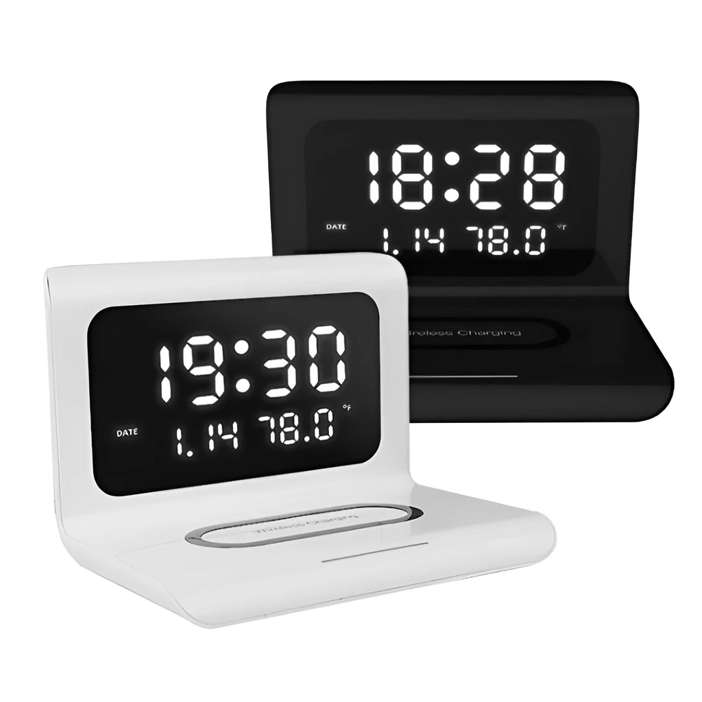 White wireless charger alarm clock displaying time, date, temperature and humidity with phone charging on pad