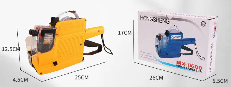 Manual supermarket price coding machine in blue, red, or yellow colours with ink roller