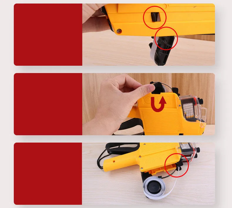 Manual supermarket price coding machine in blue, red, or yellow colours with ink roller