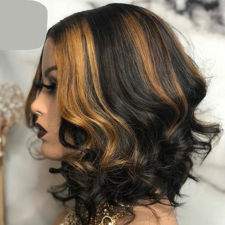 Short curly wig in mid-point black and brown with long bangs on a head form