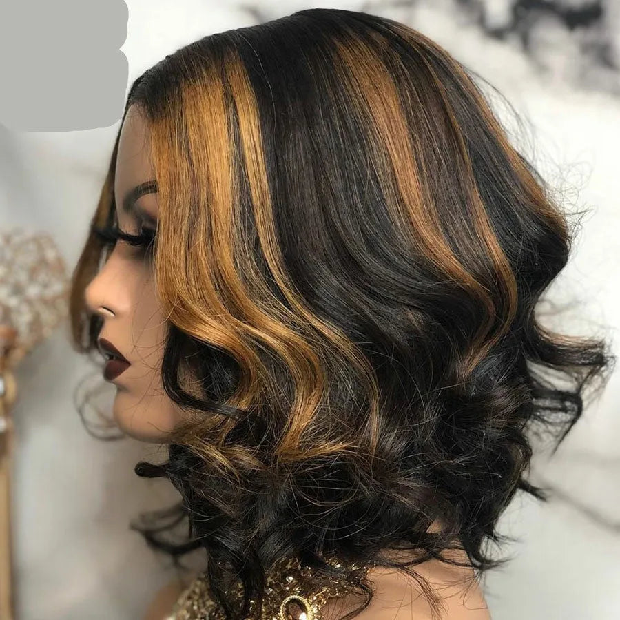 Short curly wig in mid-point black and brown with long bangs on a head form