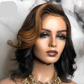 Short curly wig in mid-point black and brown with long bangs on a head form