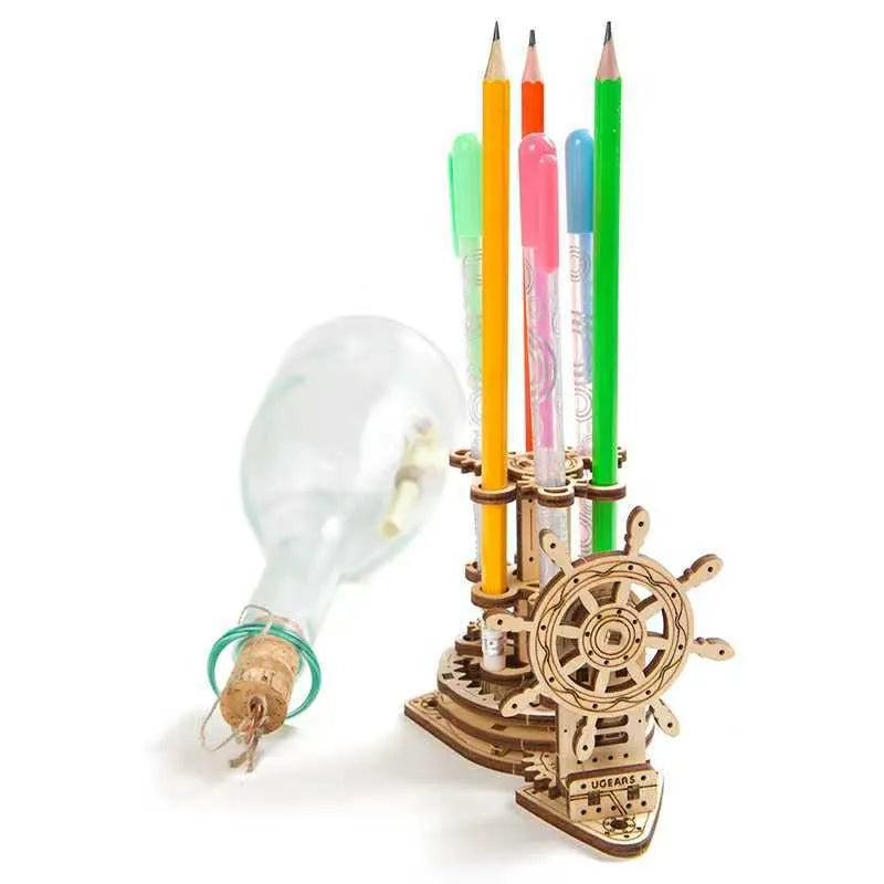 Ukrainian wooden rotating pen holder model kit with steering wheel mechanism