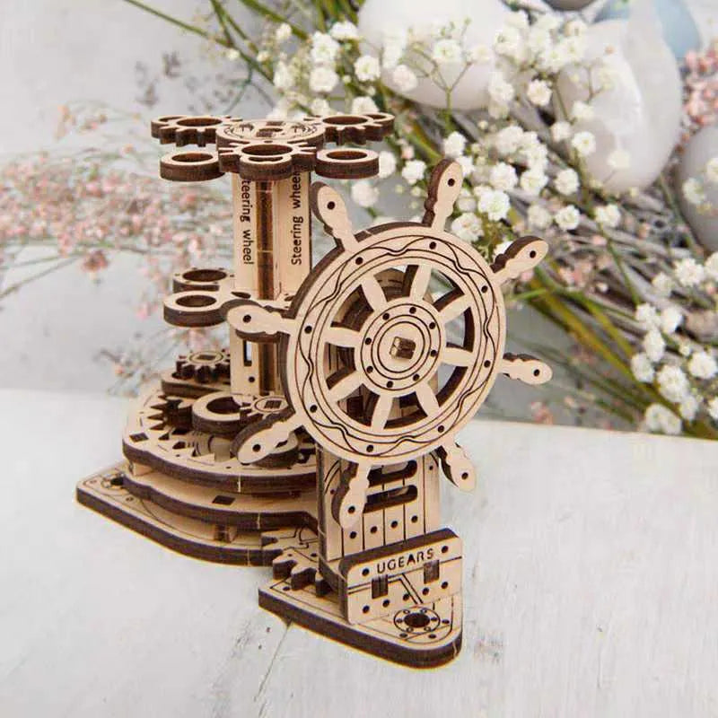 Ukrainian wooden rotating pen holder model kit with steering wheel mechanism