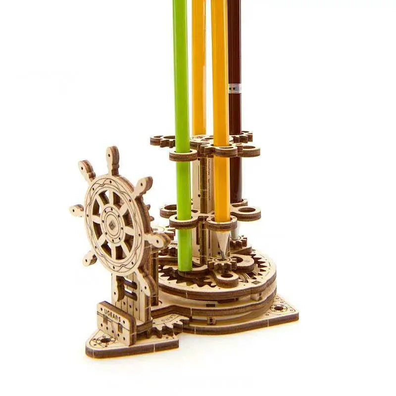 Ukrainian wooden rotating pen holder model kit with steering wheel mechanism