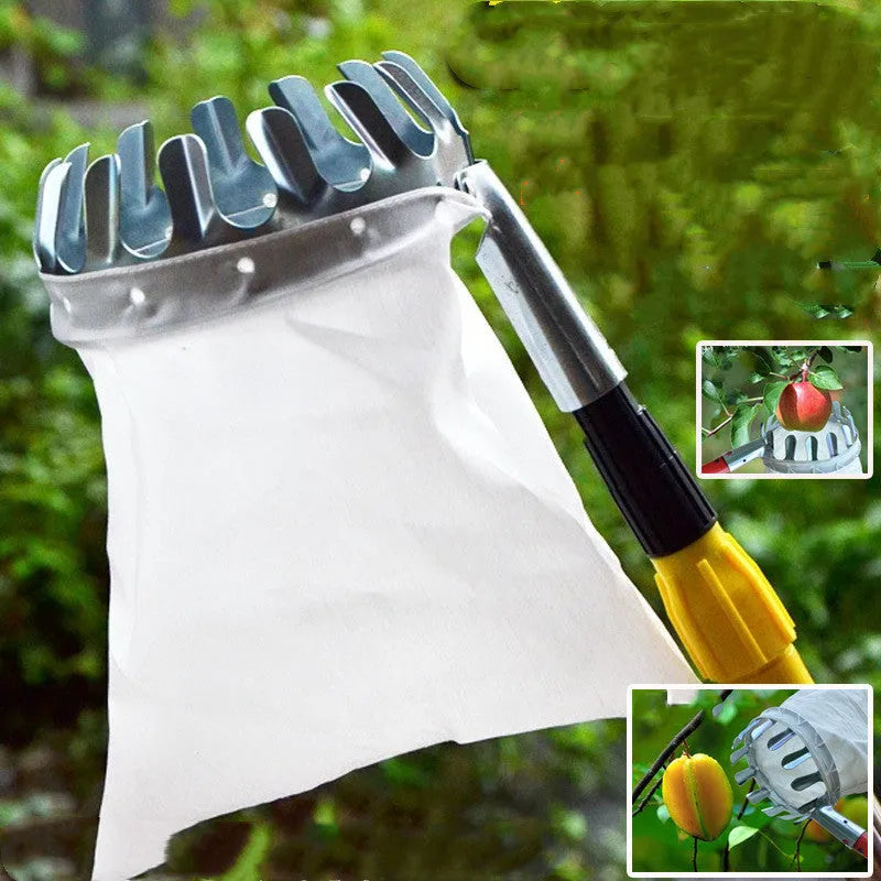 Steel frame fruit picker with cloth bag catcher for garden harvesting
