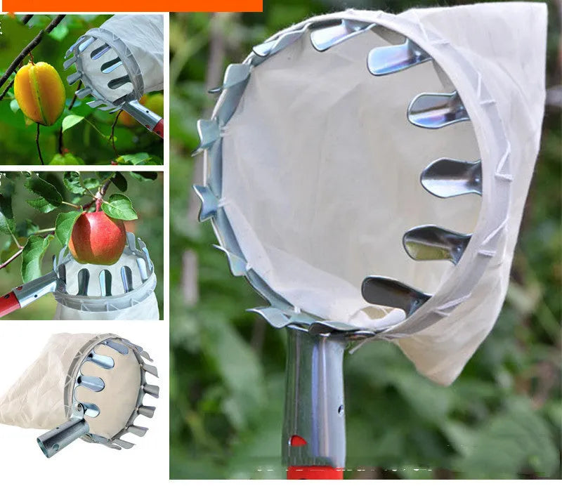 Steel frame fruit picker with cloth bag catcher for garden harvesting