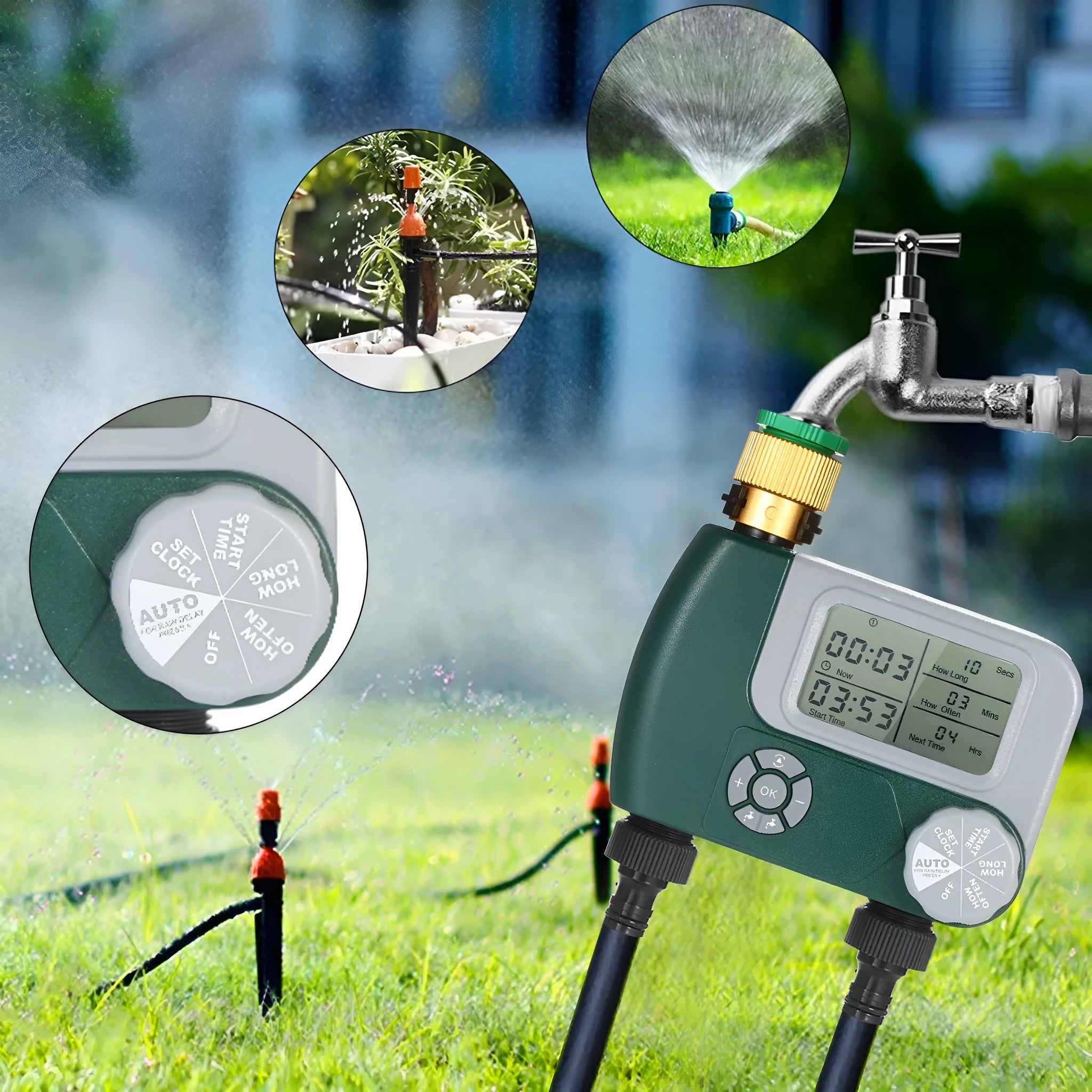 Green programmable digital hose timer with copper faucet connector and large digital display for automatic garden watering