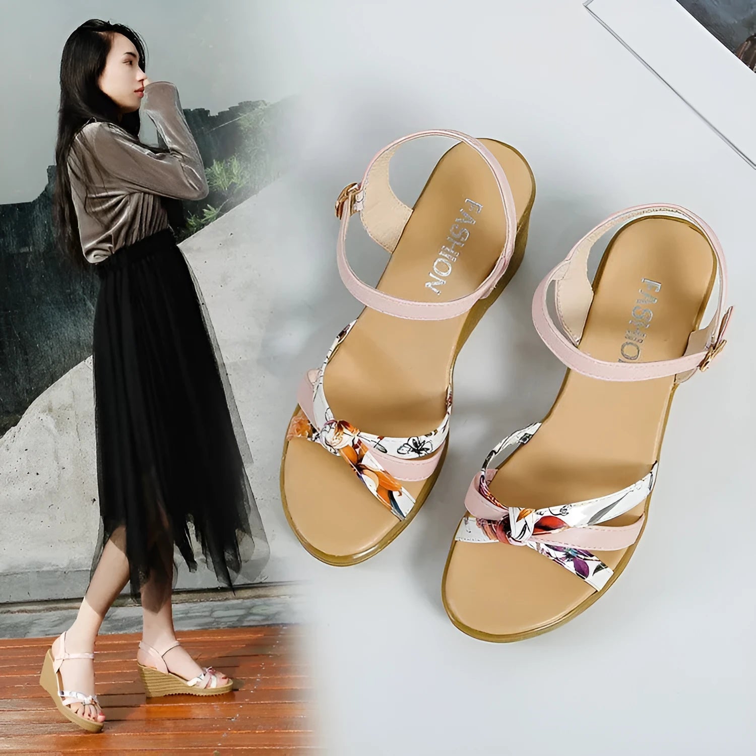 Women's pink wedge sandals with a fish mouth open toe and a thick non-slip heel.