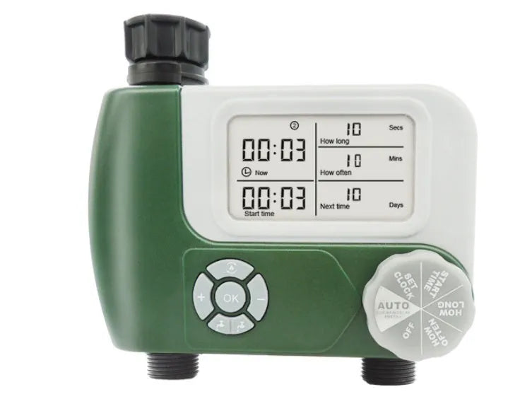 Green programmable digital hose timer with copper faucet connector and large digital display for automatic garden watering