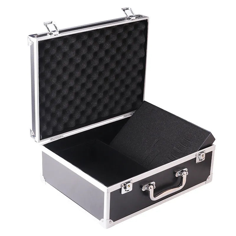 Black aluminium tattoo equipment storage box showing interior for tattoo machine and needle storage