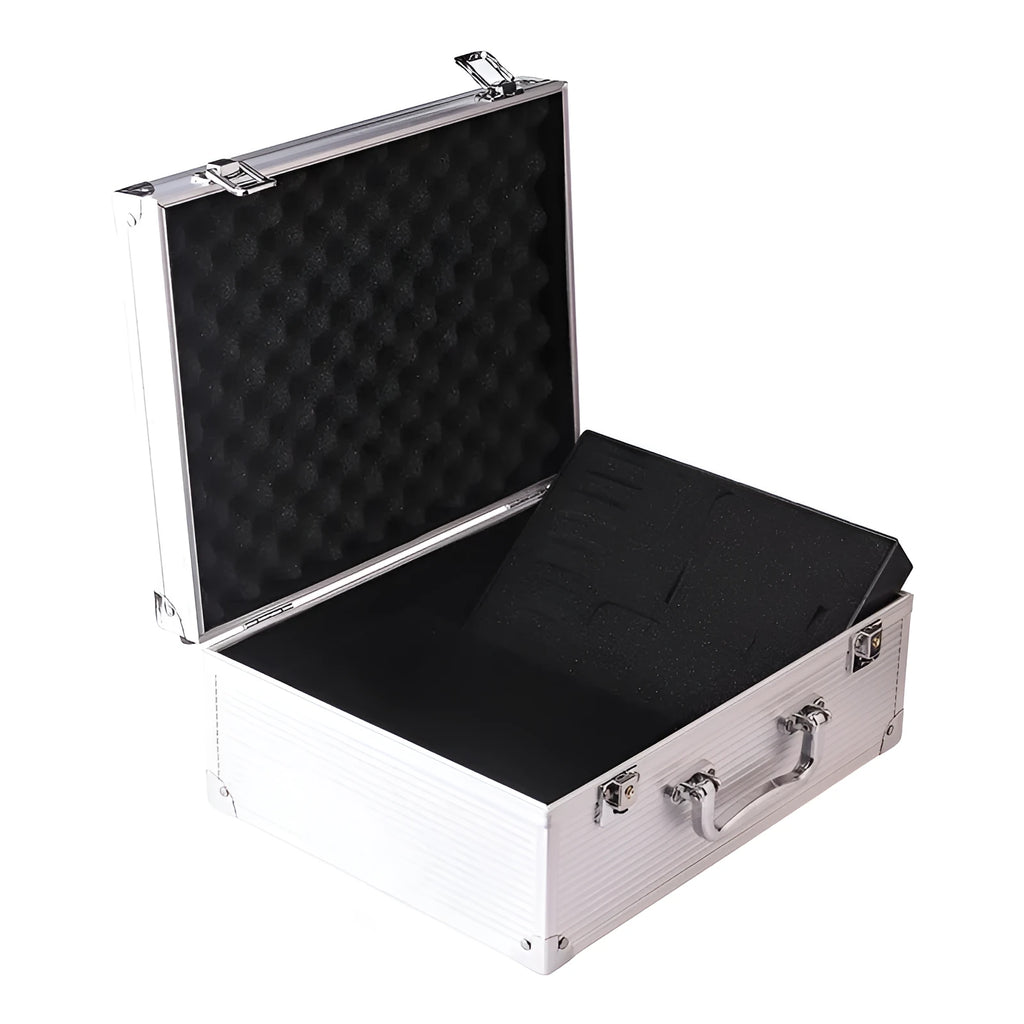 Black aluminium tattoo equipment storage box showing interior for tattoo machine and needle storage