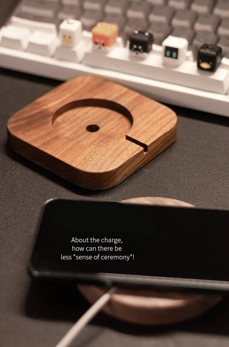 Walnut wood magnetic wireless charging base on desktop with round and square design options