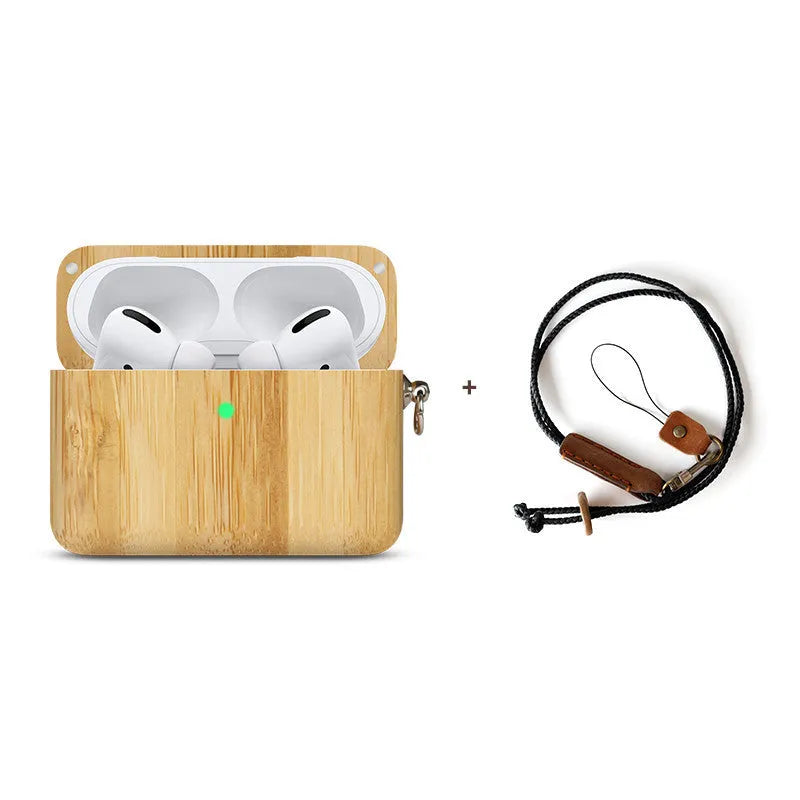 Solid wood Bluetooth earphone sleeve case for Apple AirPods in a natural wood finish.