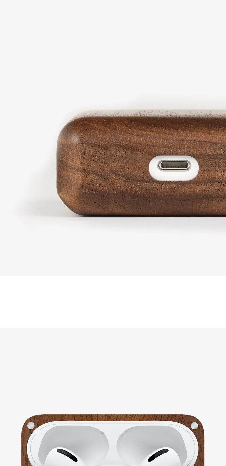 Solid wood Bluetooth earphone sleeve case for Apple AirPods in a natural wood finish.