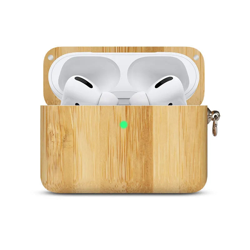 Solid wood Bluetooth earphone sleeve case for Apple AirPods in a natural wood finish.