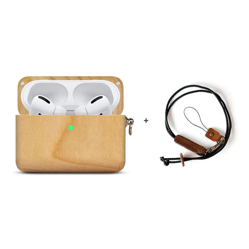 Solid wood Bluetooth earphone sleeve case for Apple AirPods in a natural wood finish.