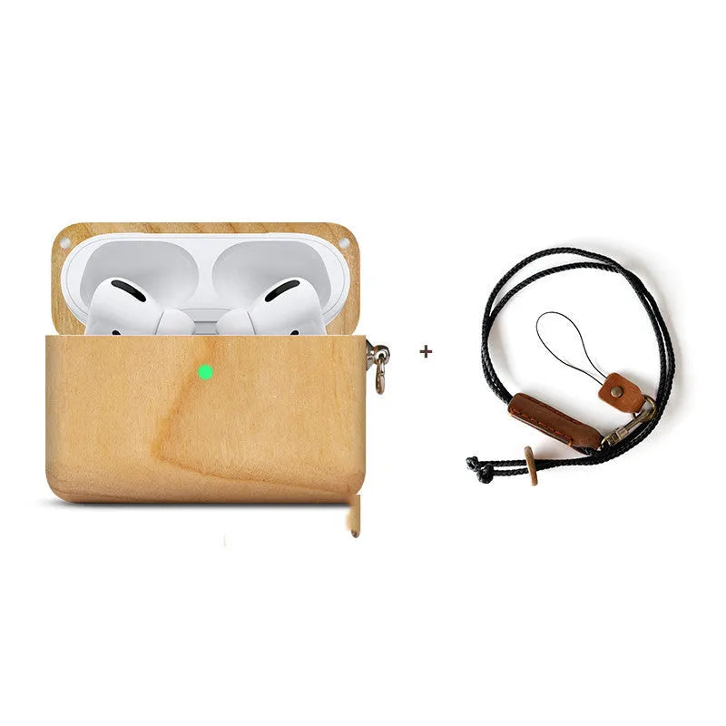 Solid wood Bluetooth earphone sleeve case for Apple AirPods in a natural wood finish.