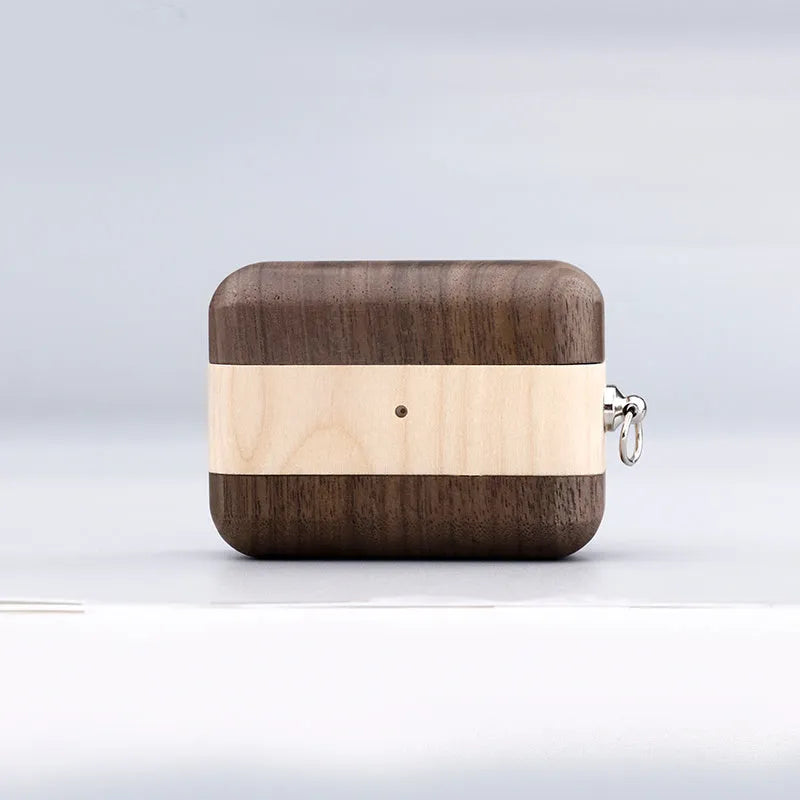 Solid wood Bluetooth earphone sleeve case for Apple AirPods in a natural wood finish.