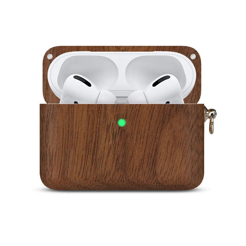Solid wood Bluetooth earphone sleeve case for Apple AirPods in a natural wood finish.