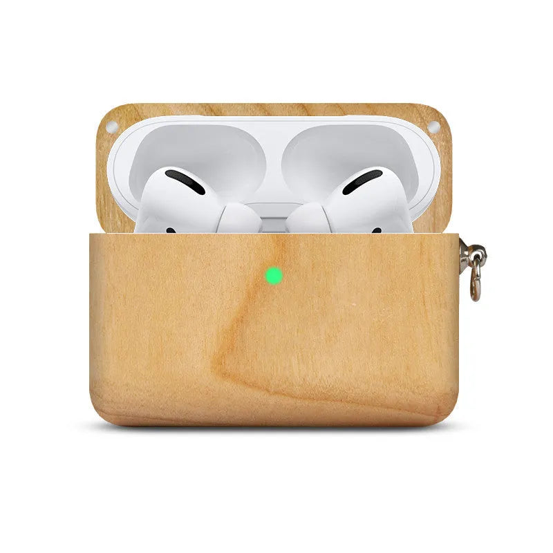 Solid wood Bluetooth earphone sleeve case for Apple AirPods in a natural wood finish.