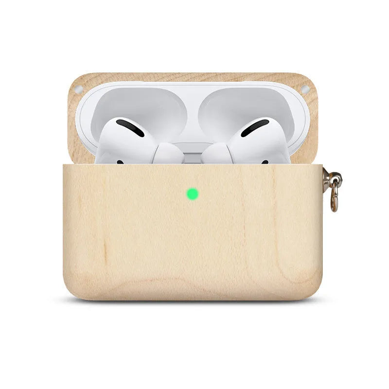 Solid wood Bluetooth earphone sleeve case for Apple AirPods in a natural wood finish.