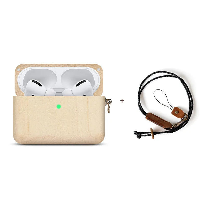 Solid wood Bluetooth earphone sleeve case for Apple AirPods in a natural wood finish.