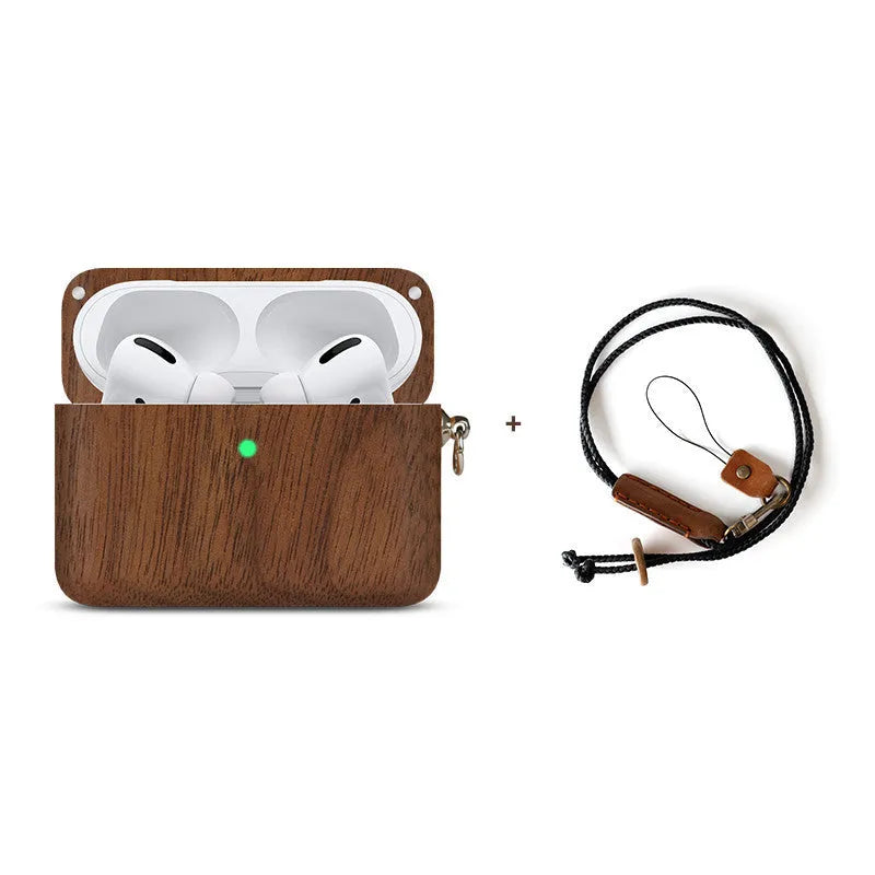 Solid wood Bluetooth earphone sleeve case for Apple AirPods in a natural wood finish.