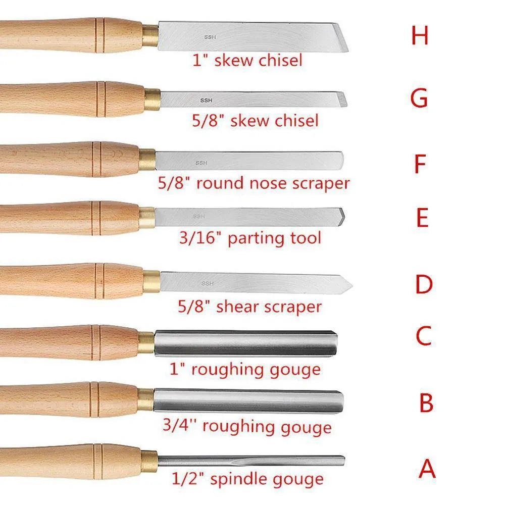 Eight chrome vanadium steel wood turning tools presented in an open wooden storage box.