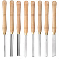 Eight chrome vanadium steel wood turning tools presented in an open wooden storage box.