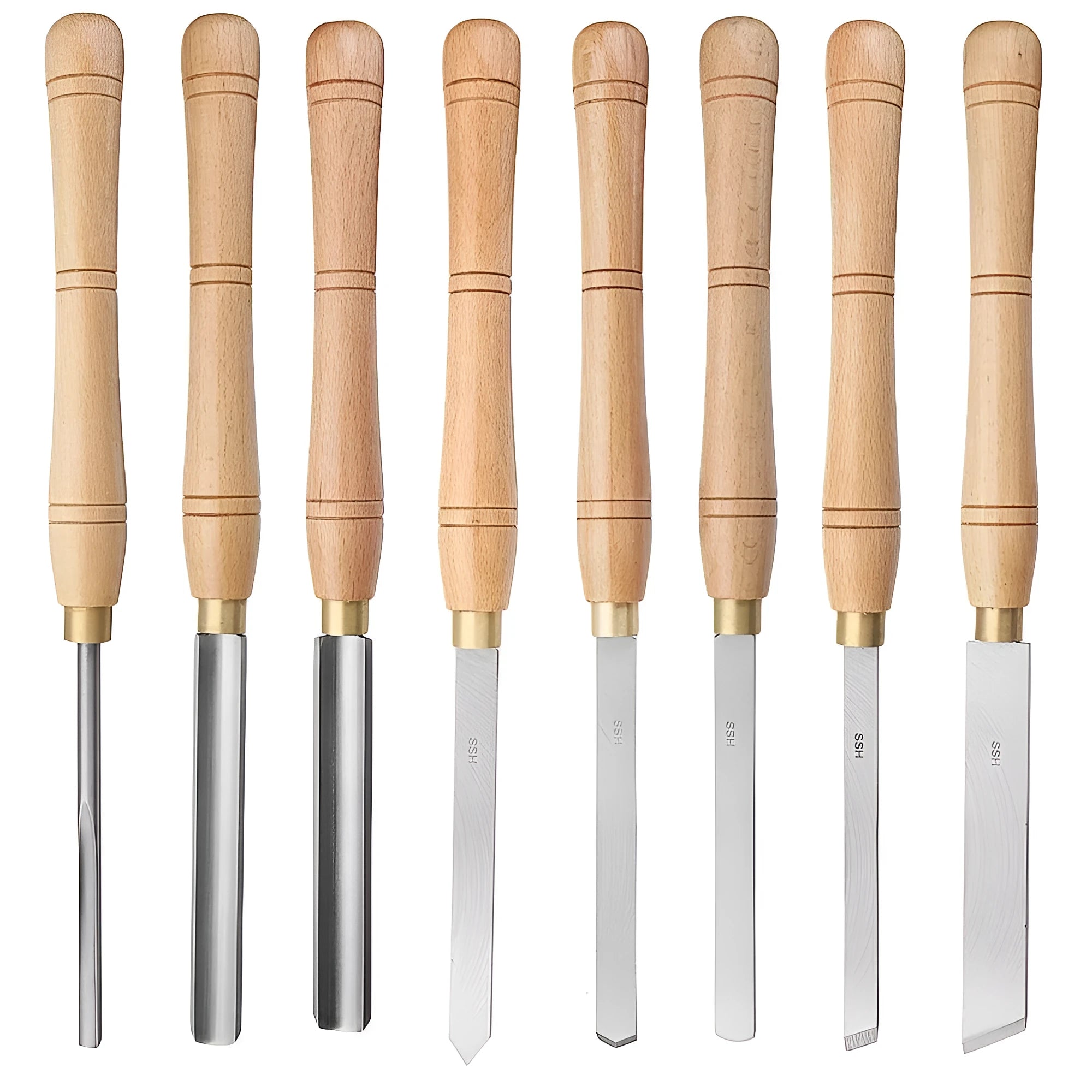 Eight chrome vanadium steel wood turning tools presented in an open wooden storage box.
