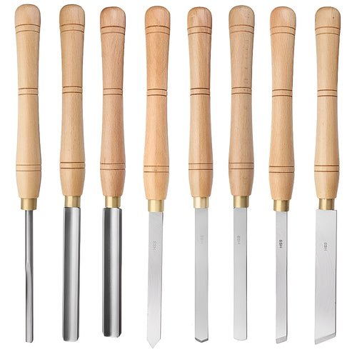 Eight chrome vanadium steel wood turning tools presented in an open wooden storage box.