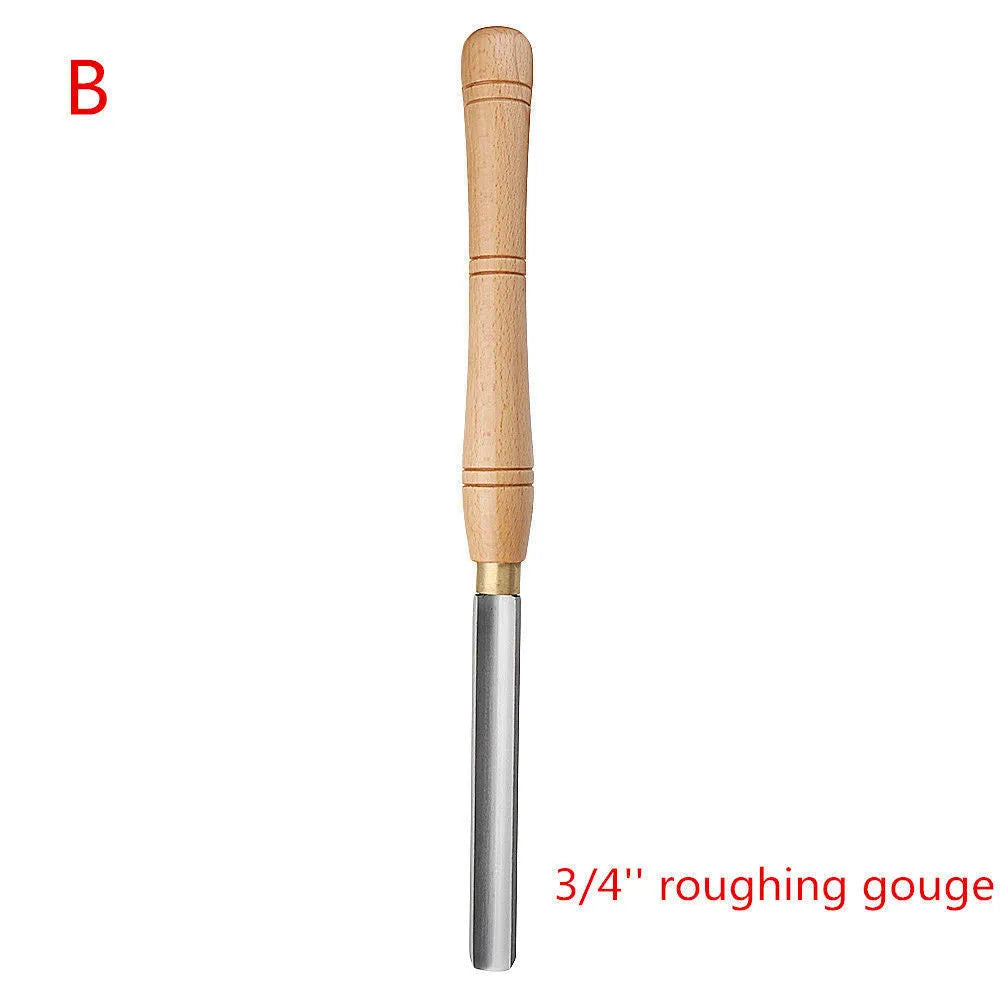 Eight chrome vanadium steel wood turning tools presented in an open wooden storage box.