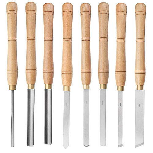 Eight chrome vanadium steel wood turning tools presented in an open wooden storage box.