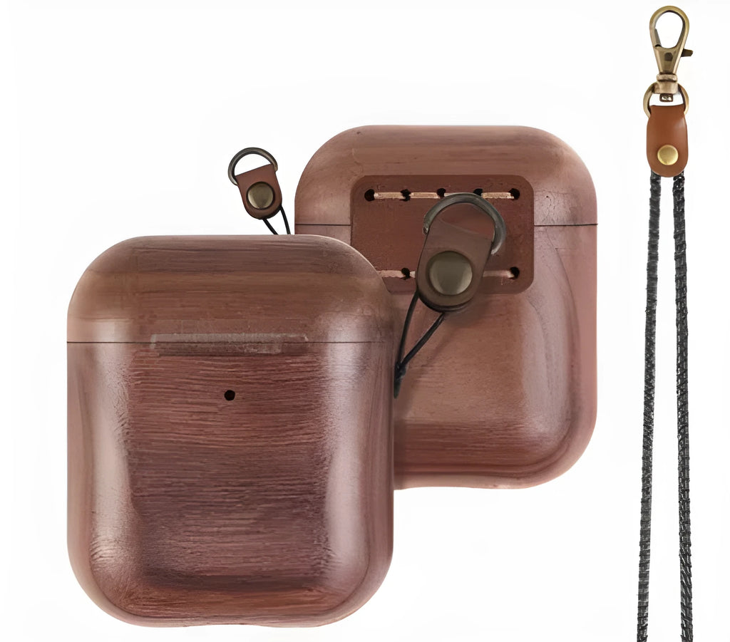 Bluetooth Headset Box Protective Wooden Sleeve for Apple Airpods Second and Third Generation Protective Case with Leather Hand Strap Walnut or Maple Finish Compatible with iPhone Models