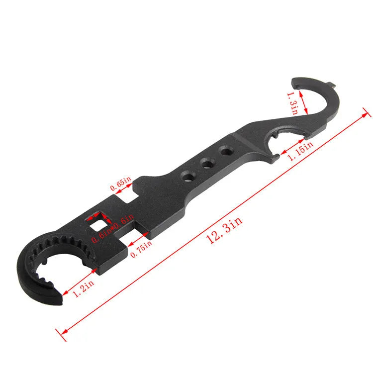 Black multi-function combination wrench for AR15 and M4 rifle maintenance