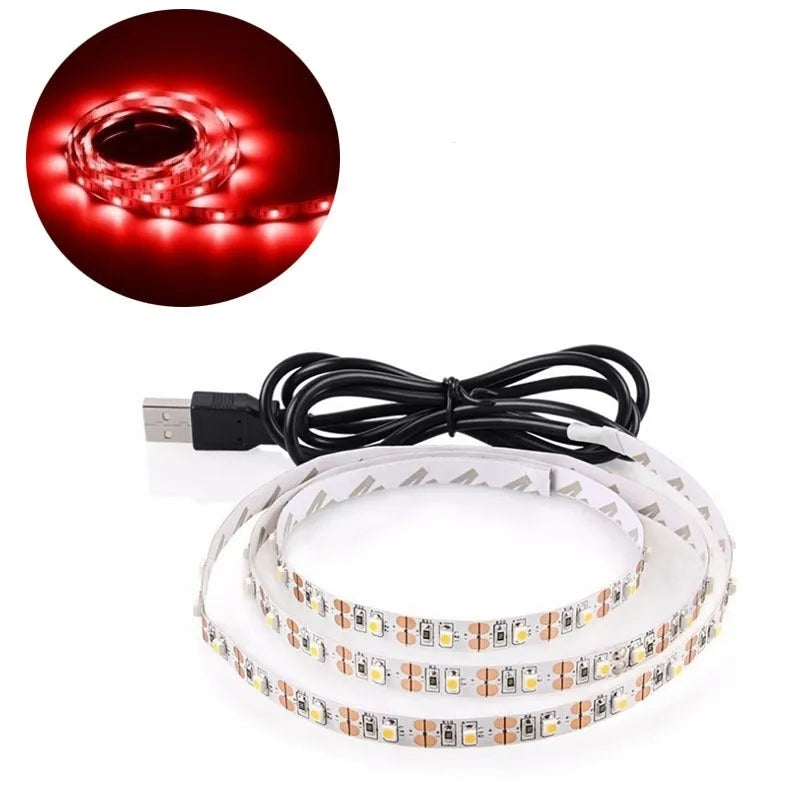 USB-powered LED light strip with SMD5050 LEDs in six colour options including white, blue, and red