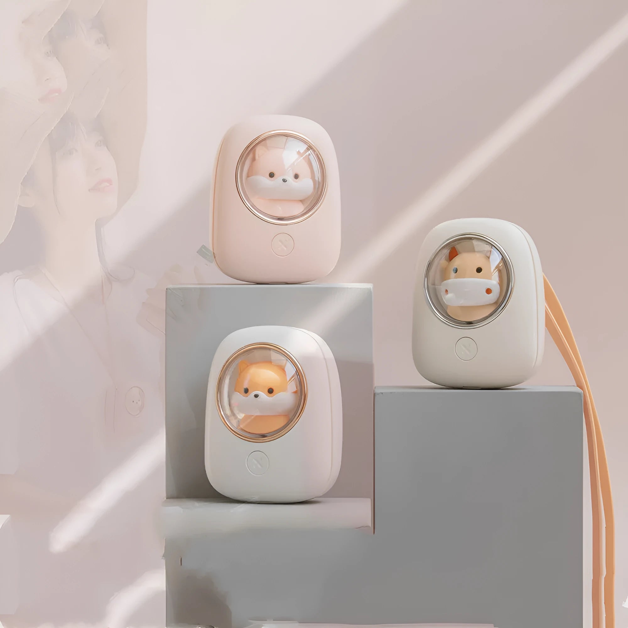 Hanging neck personal cooling fan with USB charging cable and animal-themed design in three colour options