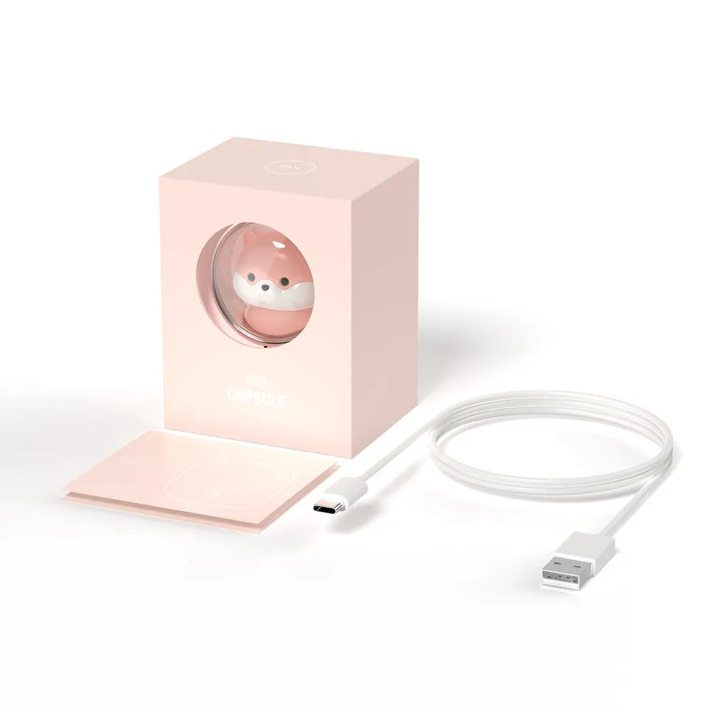 Hanging neck personal cooling fan with USB charging cable and animal-themed design in three colour options