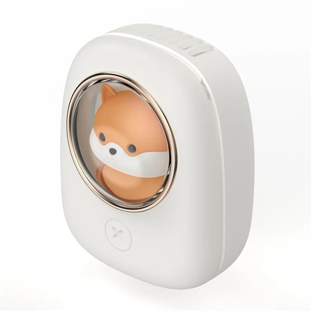 Hanging neck personal cooling fan with USB charging cable and animal-themed design in three colour options